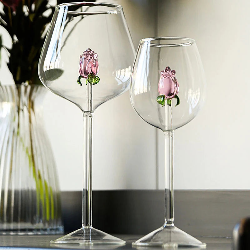 Creative  Pink Glass Rose Build-In Red White Wine Glasses Cup Drinkware Goblet Champagne Flute Household Lovely Valentine Gift