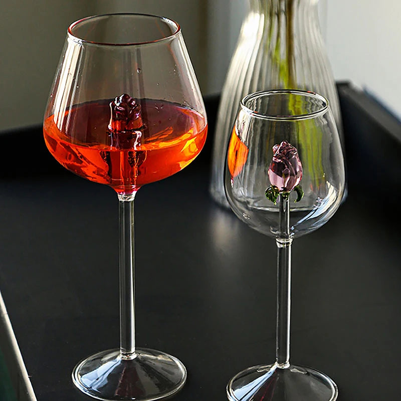 Creative  Pink Glass Rose Build-In Red White Wine Glasses Cup Drinkware Goblet Champagne Flute Household Lovely Valentine Gift