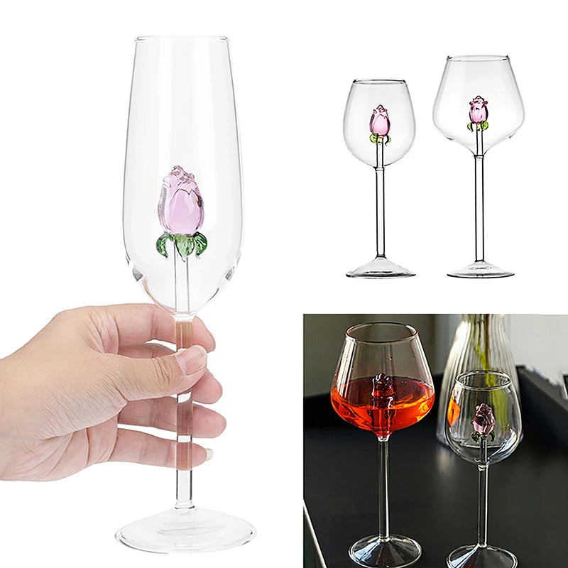 Creative  Pink Glass Rose Build-In Red White Wine Glasses Cup Drinkware Goblet Champagne Flute Household Lovely Valentine Gift