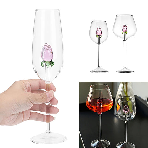 Creative  Pink Glass Rose Build-In Red White Wine Glasses Cup Drinkware Goblet Champagne Flute Household Lovely Valentine Gift